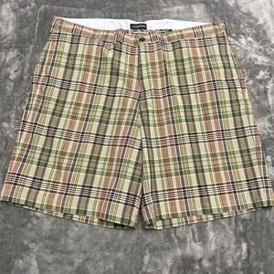 Lands End Shorts Mens 42 Green Madras‎ Plaid Flat Front Chino Preppy Outdoor